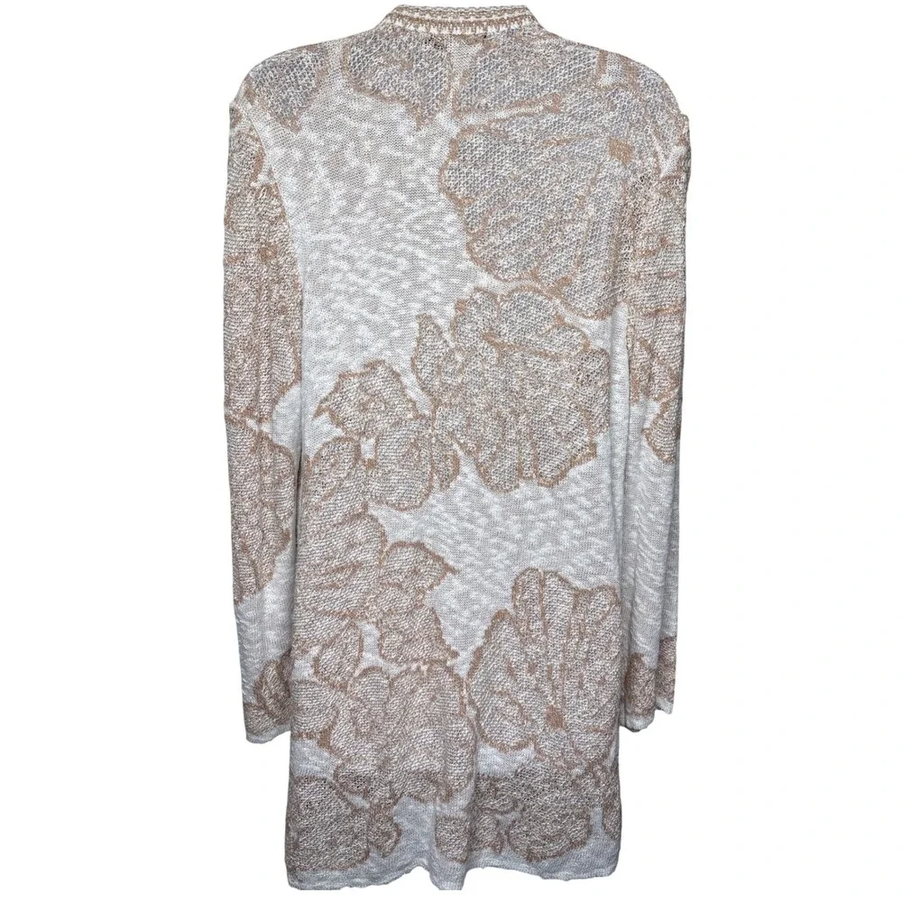 NIC+ZOE Tan Floral‎ Fringe Open Front Cardigan L Longline Southwestern Boho-Chic